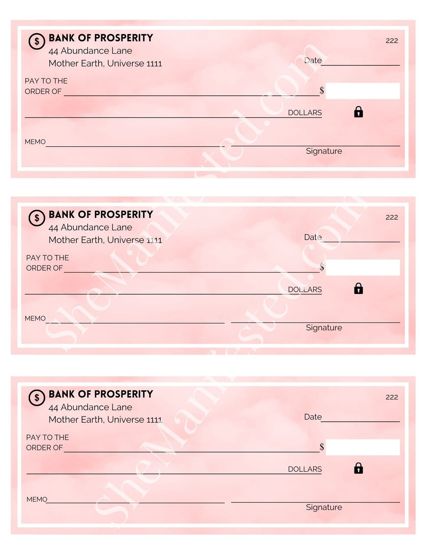 Pink Cloud Manifest Law of Attraction Abundance Printable Checks