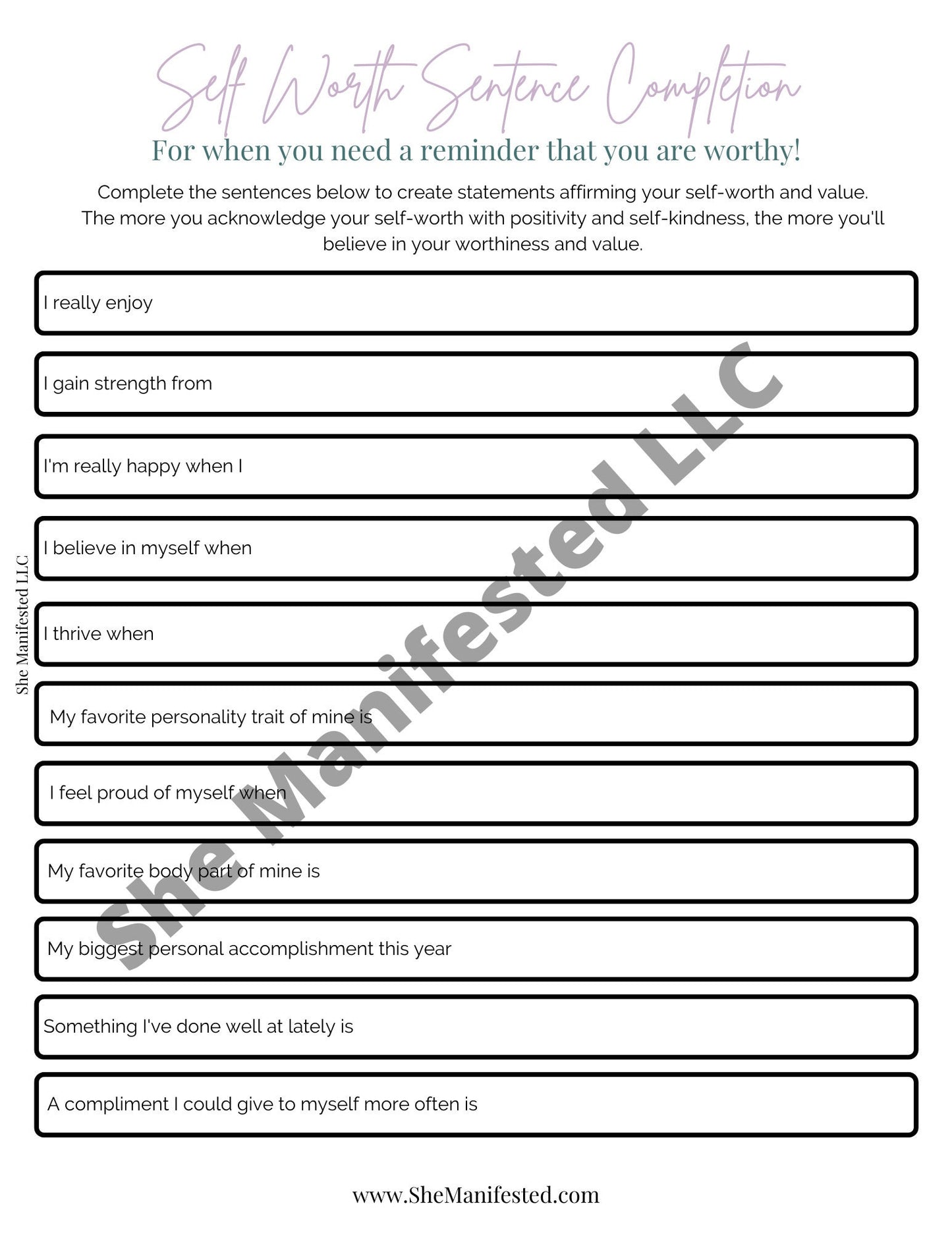Printable Self-Worth Sentence Completion Exercise