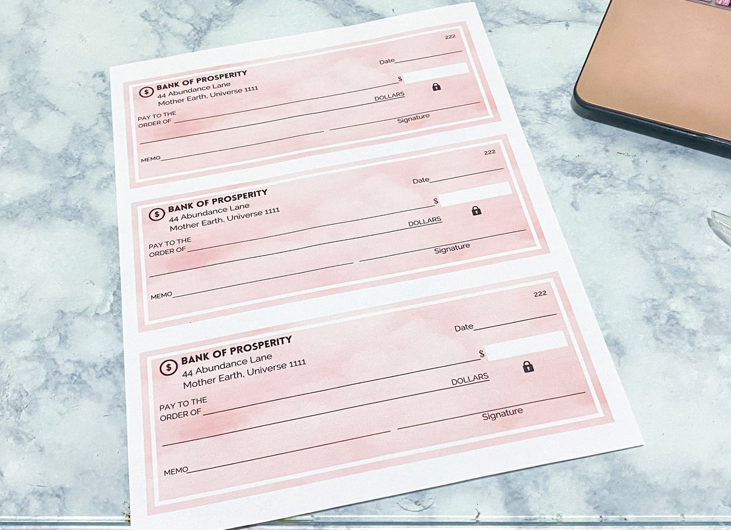 Pink Cloud Manifest Law of Attraction Abundance Printable Checks